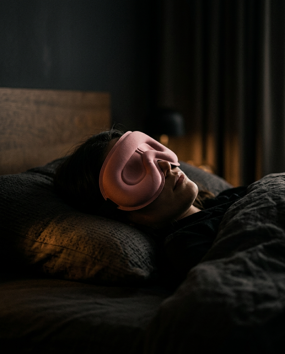 3d contoured blackout sleep mask in use