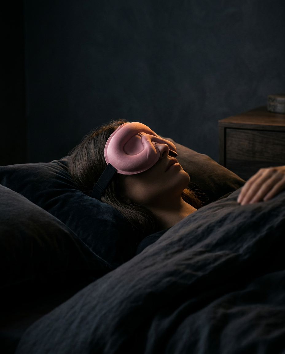 3d contoured blackout sleep mask in use